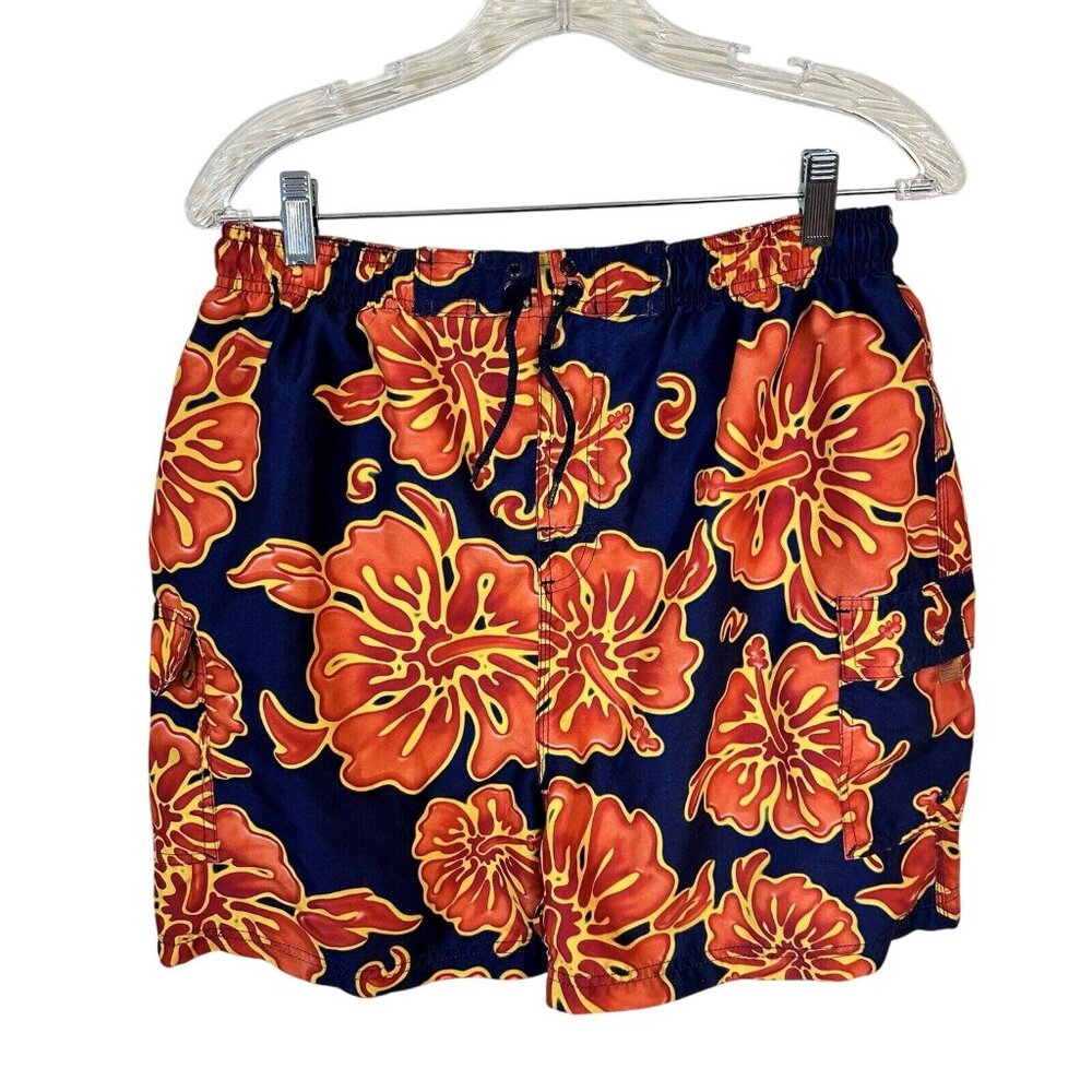 Sand N Sun Mens Swim Trunks Shorts Navy Blue Orange Hibiscus Flower Drawstring